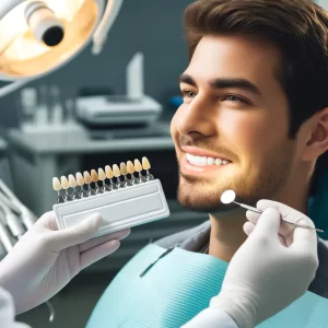 Anchorage Teeth Whitening: Dentist explaining the teeth whitening process to a patient using a dental shade guide in a modern clinic.