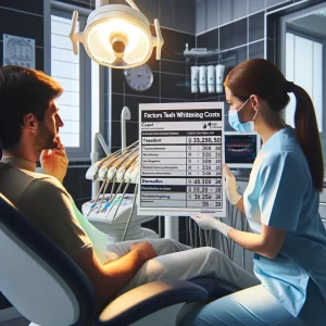 Anchorage Teeth Whitening: Dentist discussing factors influencing whitening costs with a patient using a cost factors chart.